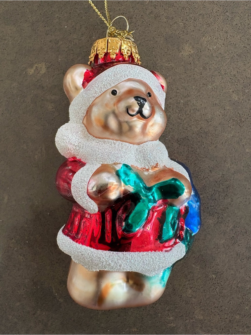 Vintage Mercury Blown Glass Bear in Santa Suit Christmas Tree Ornament Colorful